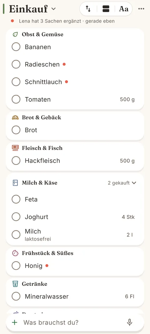 Gemeinsame Liste, nach Abteilungen sortiert: Obst & Gemüse, Brot & Gebäck, Milch & Käse