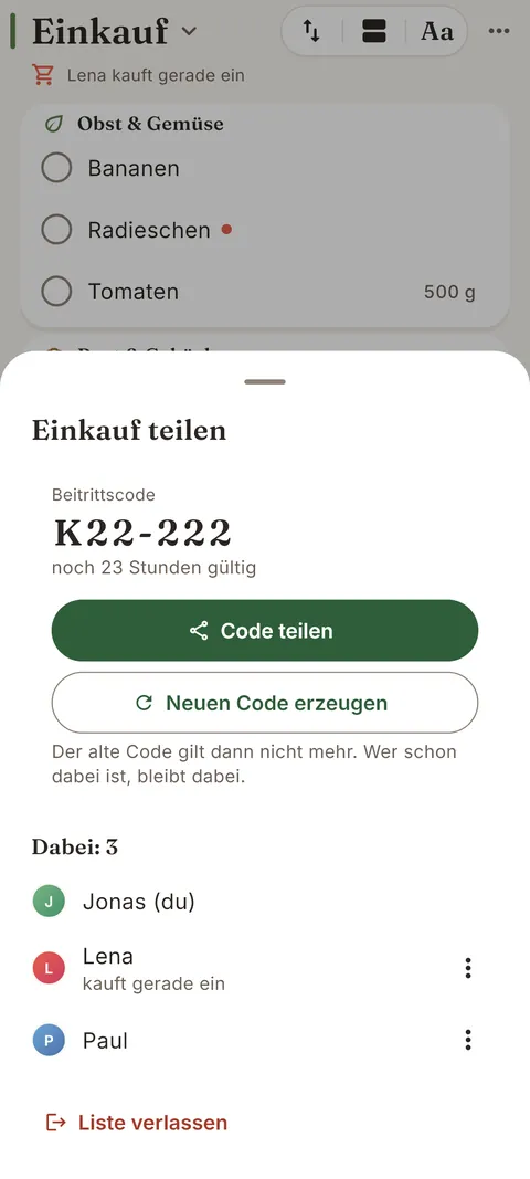 Liste teilen: Beitrittscode und die Liste der Mitglieder
