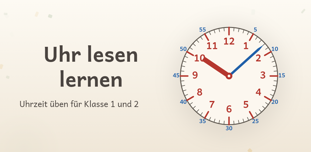 Uhr lesen lernen – Zifferblatt mit rotem Stundenzeiger und blauem Minutenzeiger